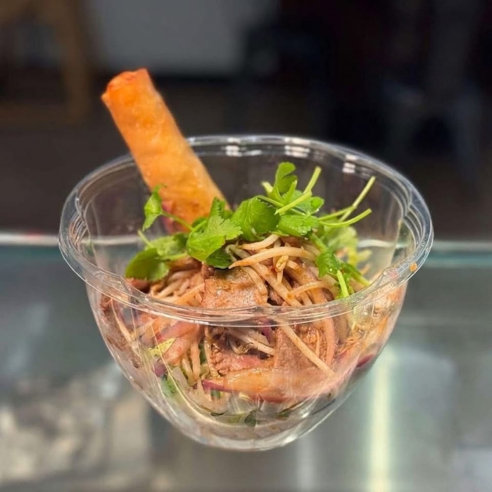 A clear plastic bowl of noodles, meat, bean sprouts, and cilantro, with a spring roll.
