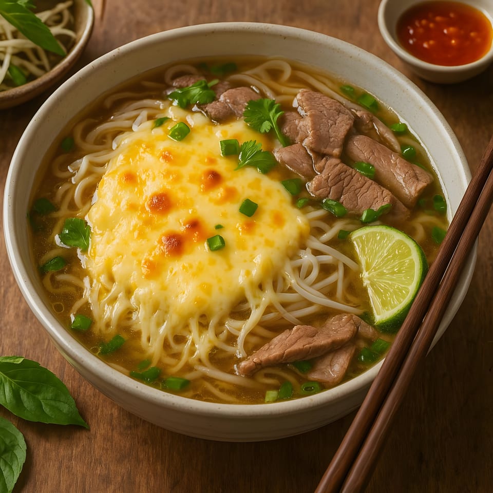 Whata Pho's cheesy beef pho with noodles, lime, and green onions, served with chopsticks and chili sauce.