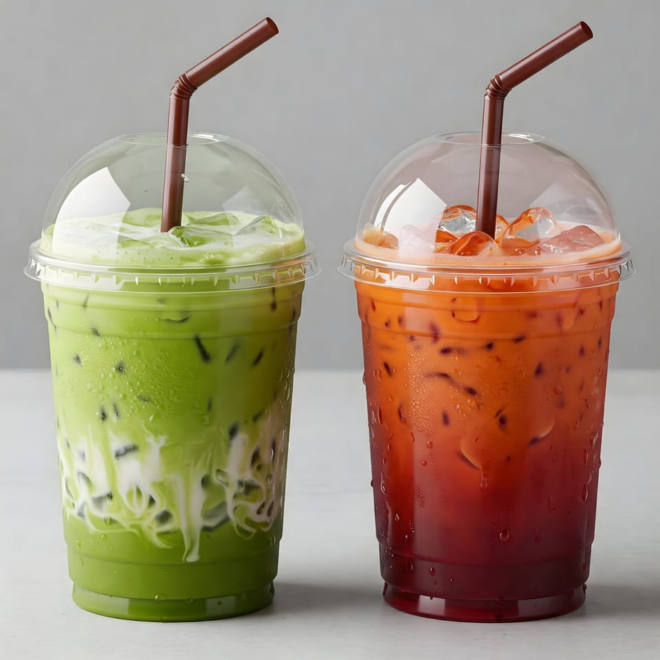 Two iced drinks, one green and one orange, in clear plastic cups with straws.