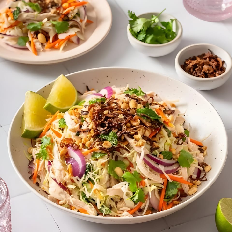 Two bowls of Vietnamese chicken salad with cabbage, carrots, red onion, peanuts, and fried shallots.