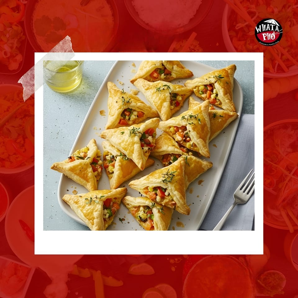 A white platter filled with golden-brown, triangular puff pastry appetizers, garnished with herbs.