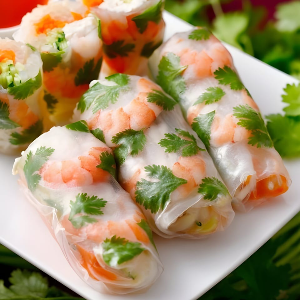 Fresh shrimp spring rolls with cilantro and vegetables on a white plate at Whata Pho.