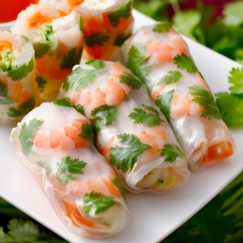Fresh shrimp spring rolls with cilantro and vegetables on a white plate at Whata Pho.